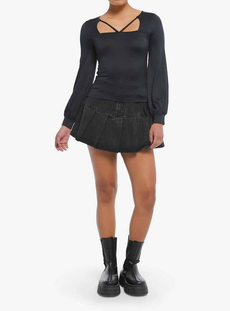 Black Strappy Girls Balloon Sleeve Top