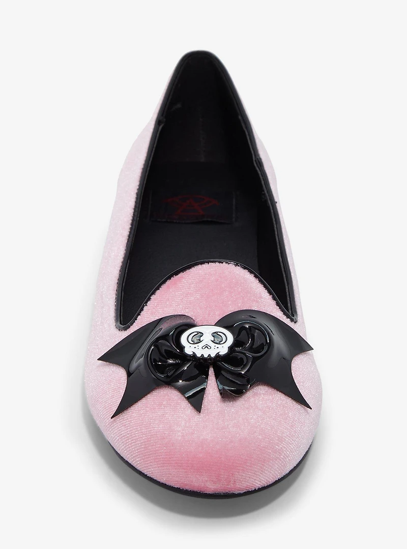 Strange Cvlt Skull Bow Pink Velvet Flats