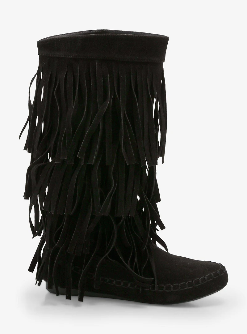 Yoki Black Faux Suede Fringe Boots