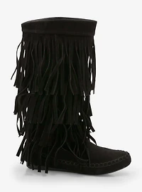 Yoki Black Faux Suede Fringe Boots