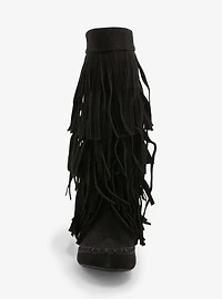 Yoki Black Faux Suede Fringe Boots