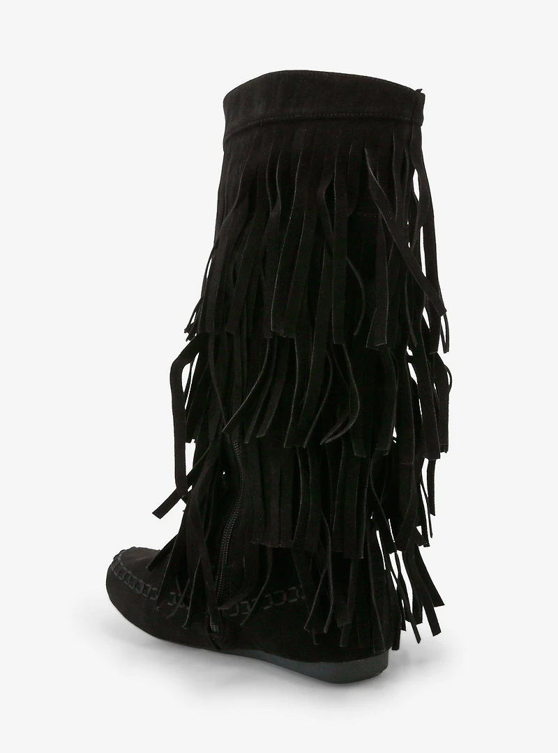 Yoki Black Faux Suede Fringe Boots