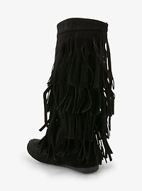 Yoki Black Faux Suede Fringe Boots