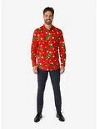 Christmas Trees Stars Red Long Sleeve Button-Up Shirt