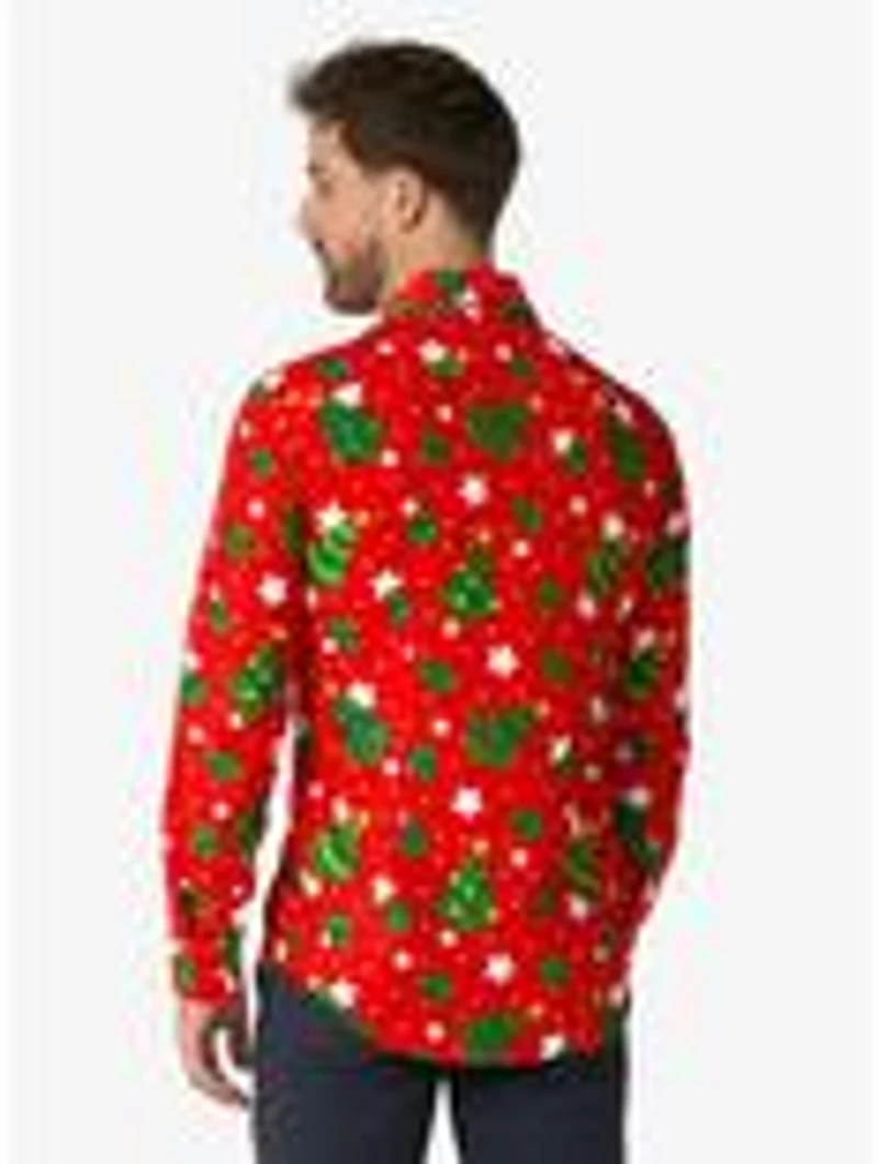 Christmas Trees Stars Red Long Sleeve Button-Up Shirt