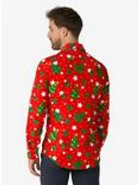 Christmas Trees Stars Red Long Sleeve Button-Up Shirt
