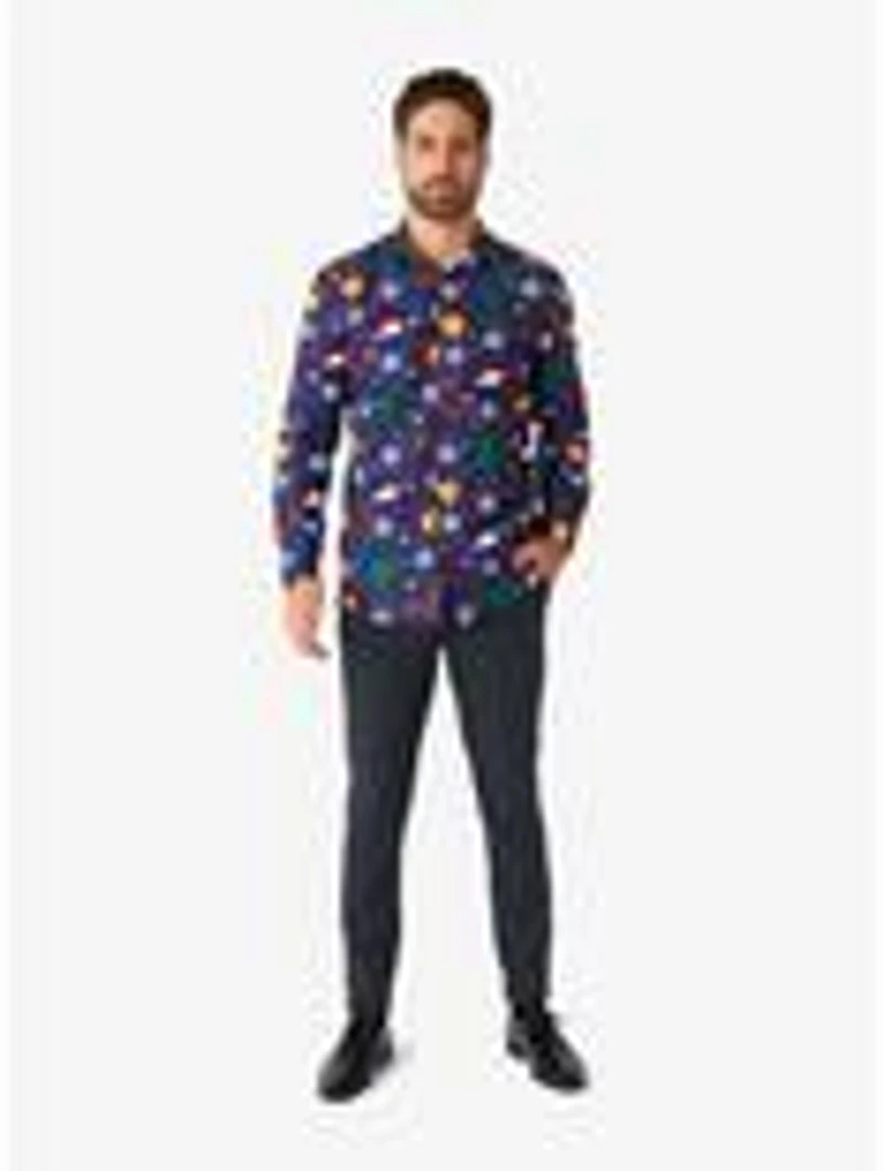 Christmas Icons Blue Long Sleeve Button-Up Shirt