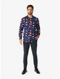 Christmas Icons Blue Long Sleeve Button-Up Shirt
