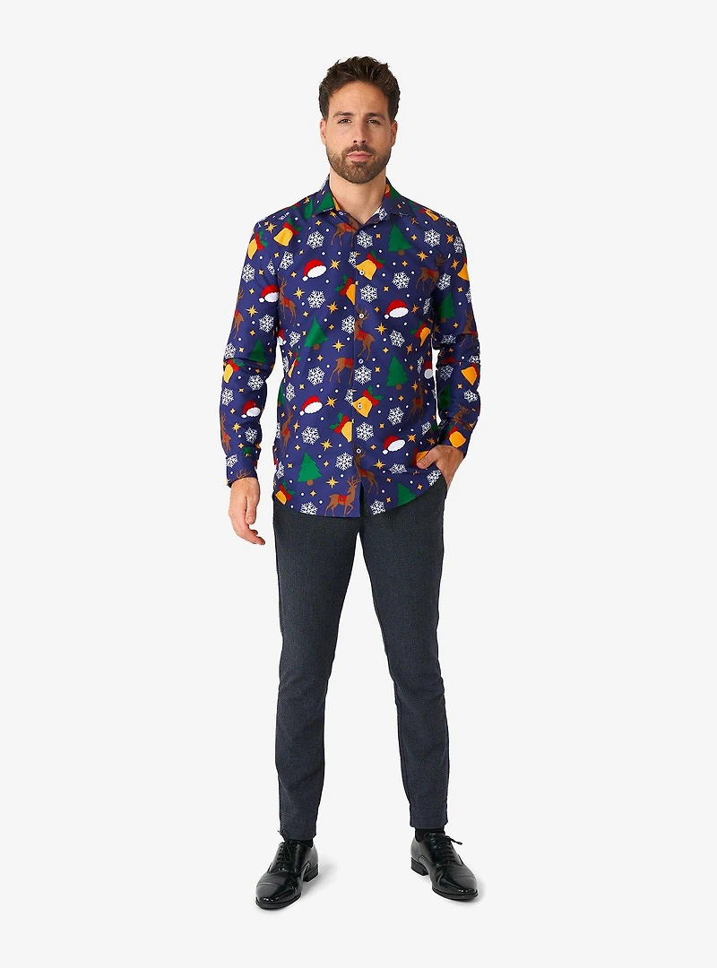 Christmas Icons Blue Long Sleeve Button-Up Shirt