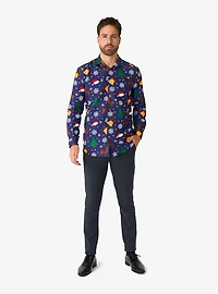 Christmas Icons Blue Long Sleeve Button-Up Shirt
