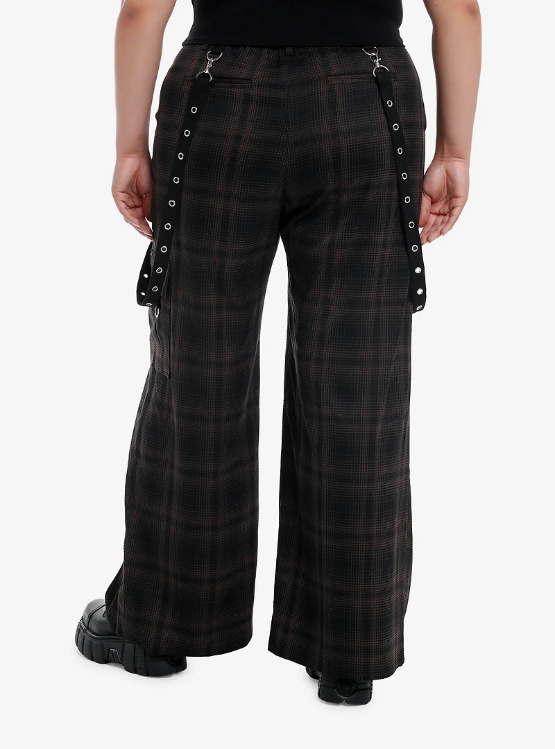 Black & Brown Plaid Grommet Suspender Wide Leg Pants Plus Size