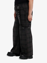 Black & Brown Plaid Grommet Suspender Wide Leg Pants Plus Size