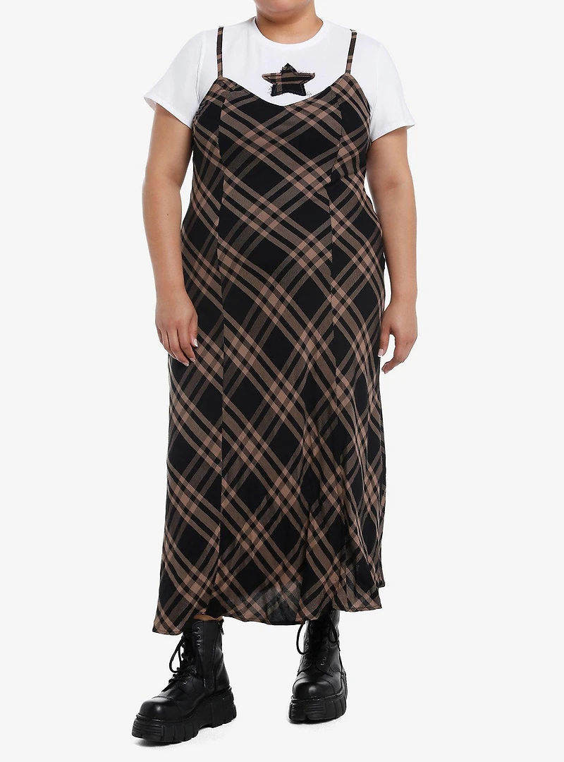 Brown & Black Plaid Star Twofer Maxi Dress Plus Size