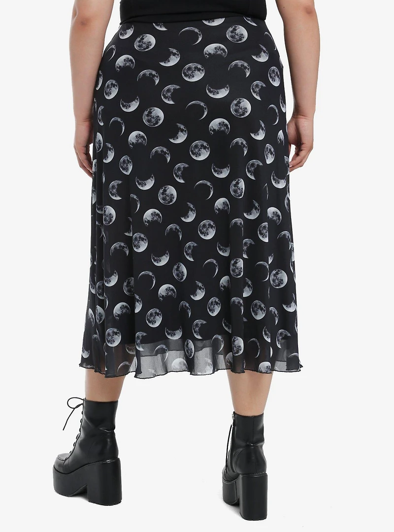 Cosmic Aura Moon Phase Mesh Midi Skirt Plus Size