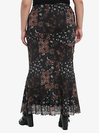 Cosmic Aura Brown & Black Celestial Patchwork Mermaid Maxi Skirt Plus Size