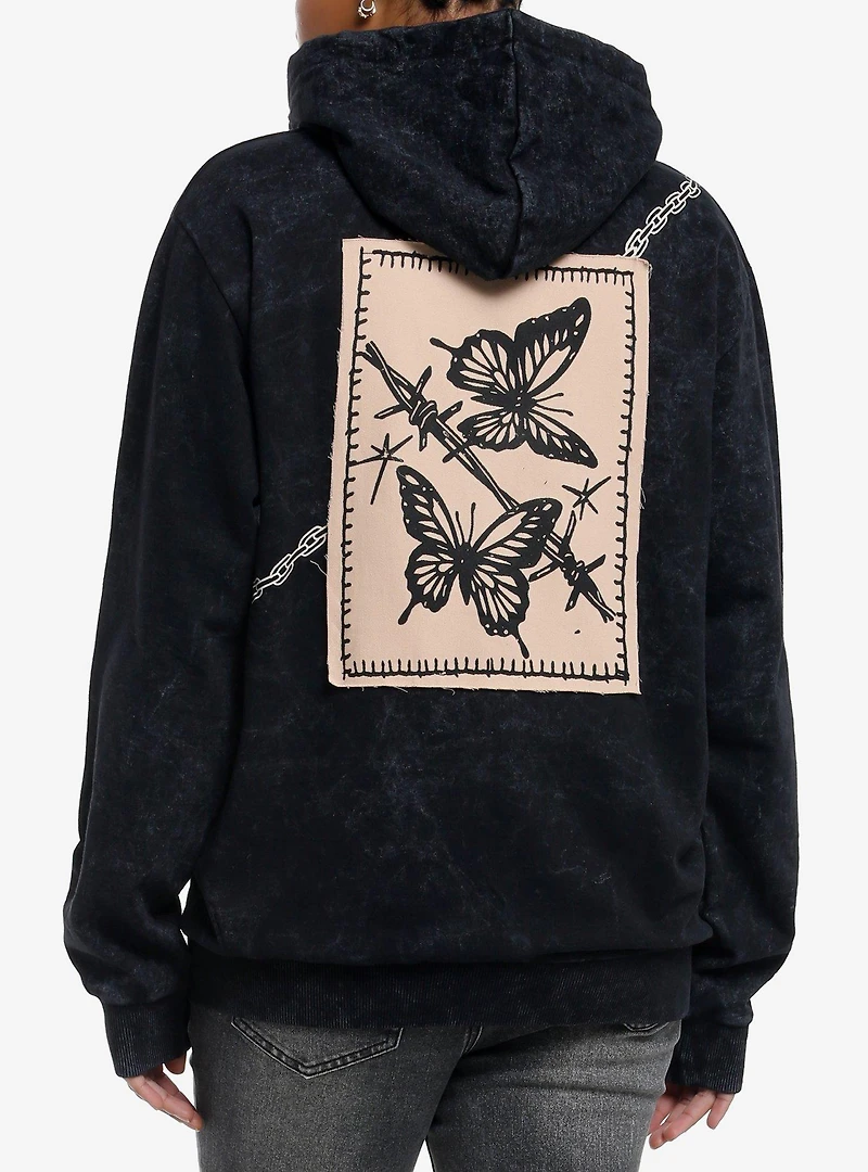 Butterfly Barbed Wire Patch Dark Wash Girls Hoodie