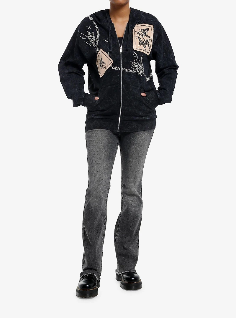 Butterfly Barbed Wire Patch Dark Wash Girls Hoodie