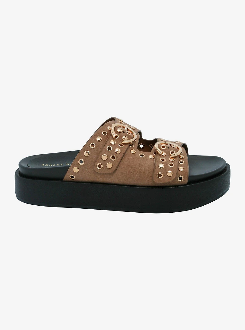 Azalea Wang Tan & Gold Grommet Platform Buckle Sandals