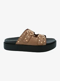 Azalea Wang Tan & Gold Grommet Platform Buckle Sandals