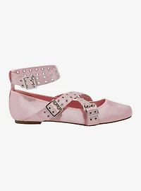 Azalea Wang Pink Satin Grommet Buckle Ballet Flats