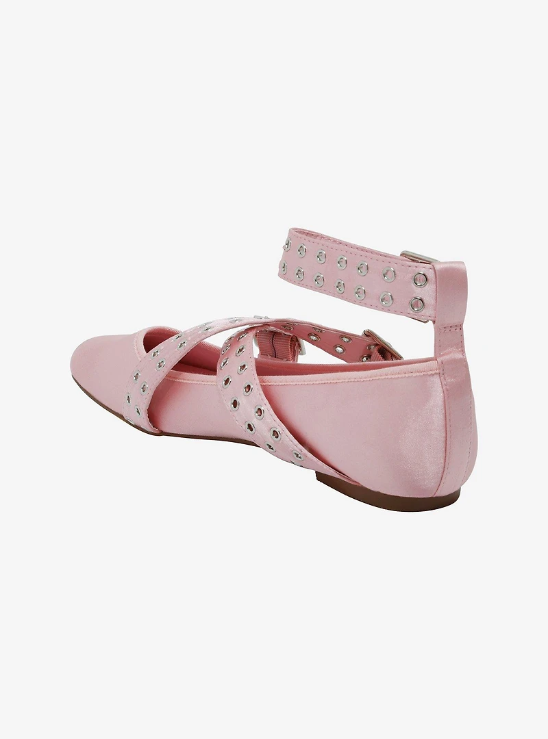 Azalea Wang Pink Satin Grommet Buckle Ballet Flats