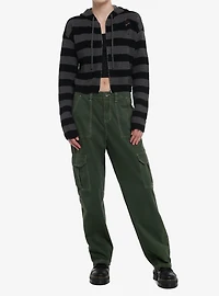 Social Collision Black & Grey Stripe Destructed Girls Crop Hoodie