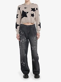 Social Collision Black Star Destructed Girls Crop Hoodie