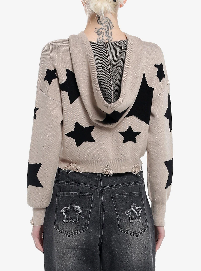 Social Collision Black Star Destructed Girls Crop Hoodie