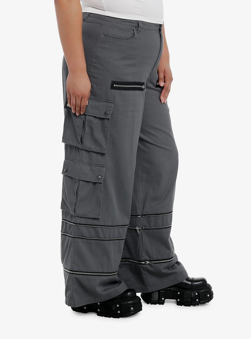 Grey Wide Leg Zip-Off Cargo Pants Plus Size