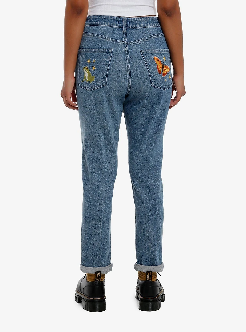 Mushroom Snail Forest Embroidered Mom Jeans