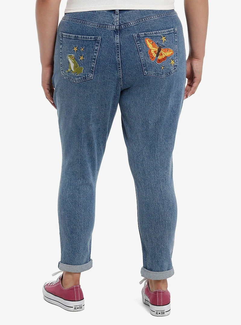Mushroom Snail Forest Embroidered Mom Jeans Plus Size
