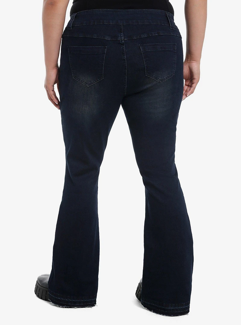 Dark Indigo Butterflies & Skulls Low-Rise Girls Flare Jeans Plus Size
