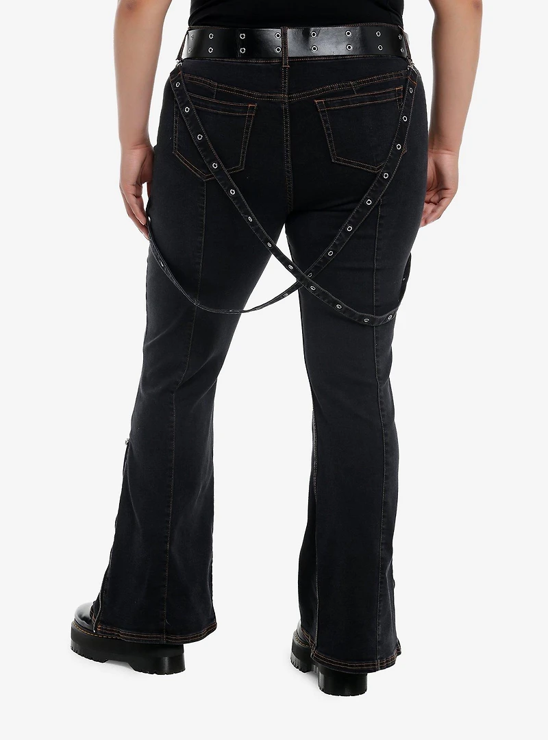 Dark Wash Grommet Suspender Flare Denim Pants With Belt Plus Size