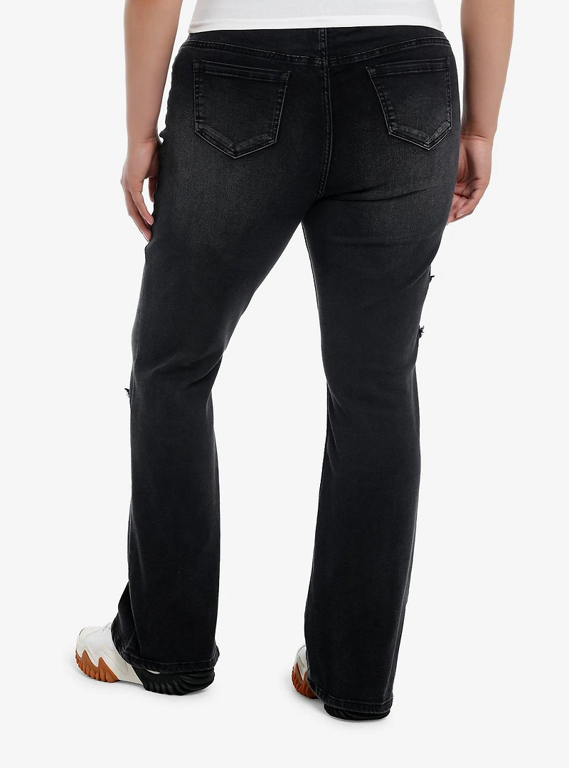 Black Frayed Star Patch Flare Denim Pants Plus Size