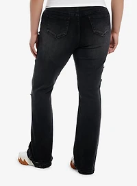 Black Frayed Star Patch Flare Denim Pants Plus Size