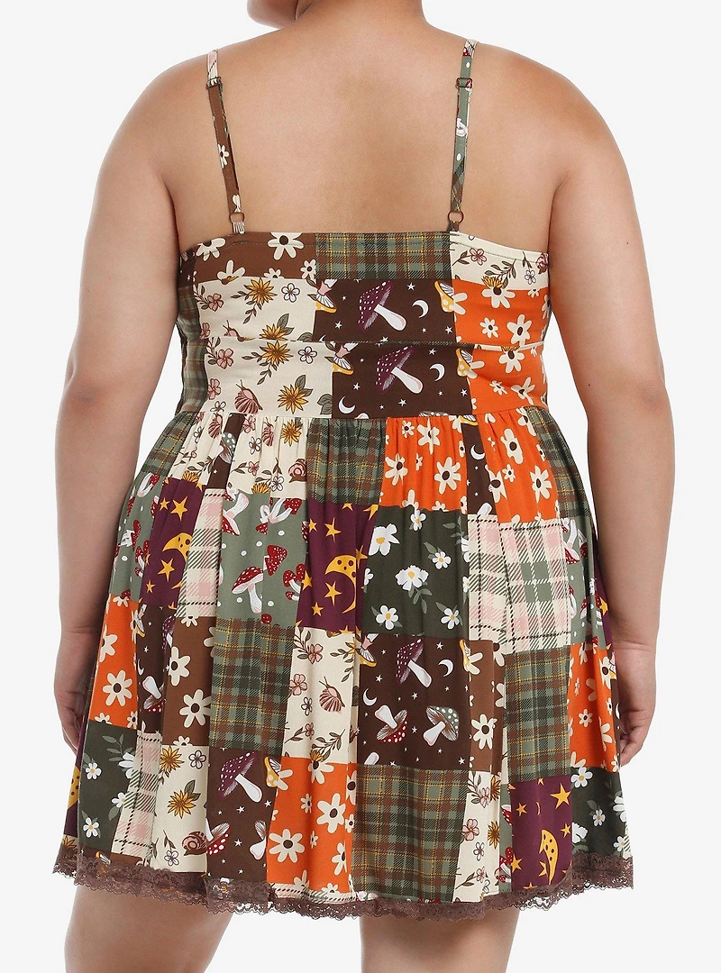 Thorn & Fable Autumn Floral Mushroom Patchwork Dress Plus Size