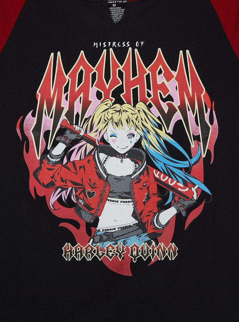 DC Comics Batman Harley Quinn Mistress of Mayhem Women's Cropped Raglan Baby Tee — BoxLunch Exclusive