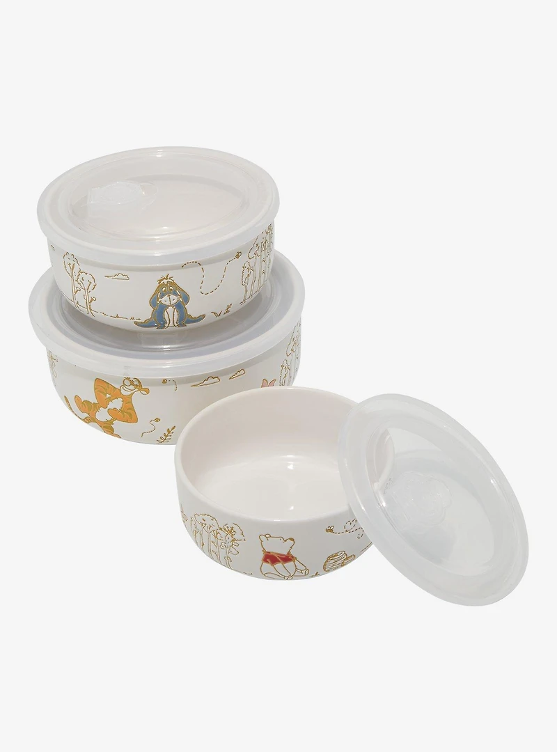 Disney Winnie the Pooh Wax Resist Characters Ceramic Food Storage Bowl Set