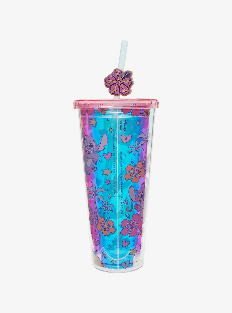 Disney Lilo & Stitch Angel & Stitch Floral Allover Print Carnival Cup with Straw Charm
