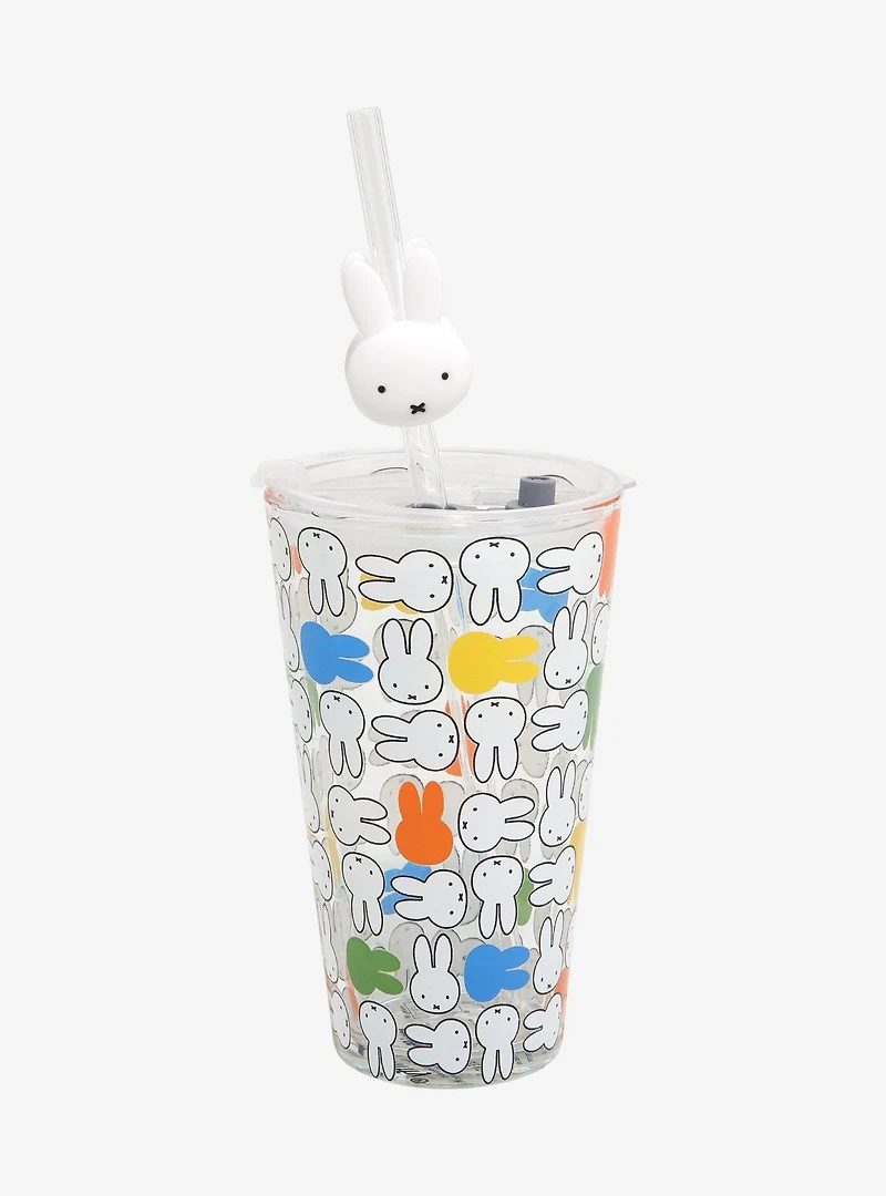Miffy Faces Allover Print Glass Cup with Straw Charm