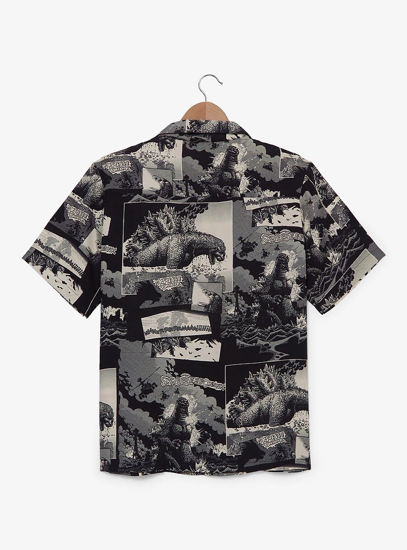 Godzilla Comic Panels Allover Print Woven Button-Up