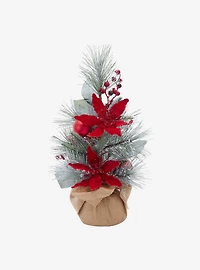 Flocked Tree with Berries and Poinsettia in Burlap Base