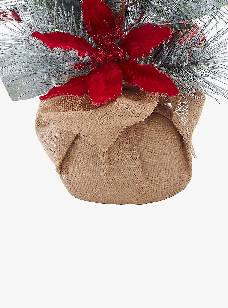 Flocked Tree with Berries and Poinsettia in Burlap Base