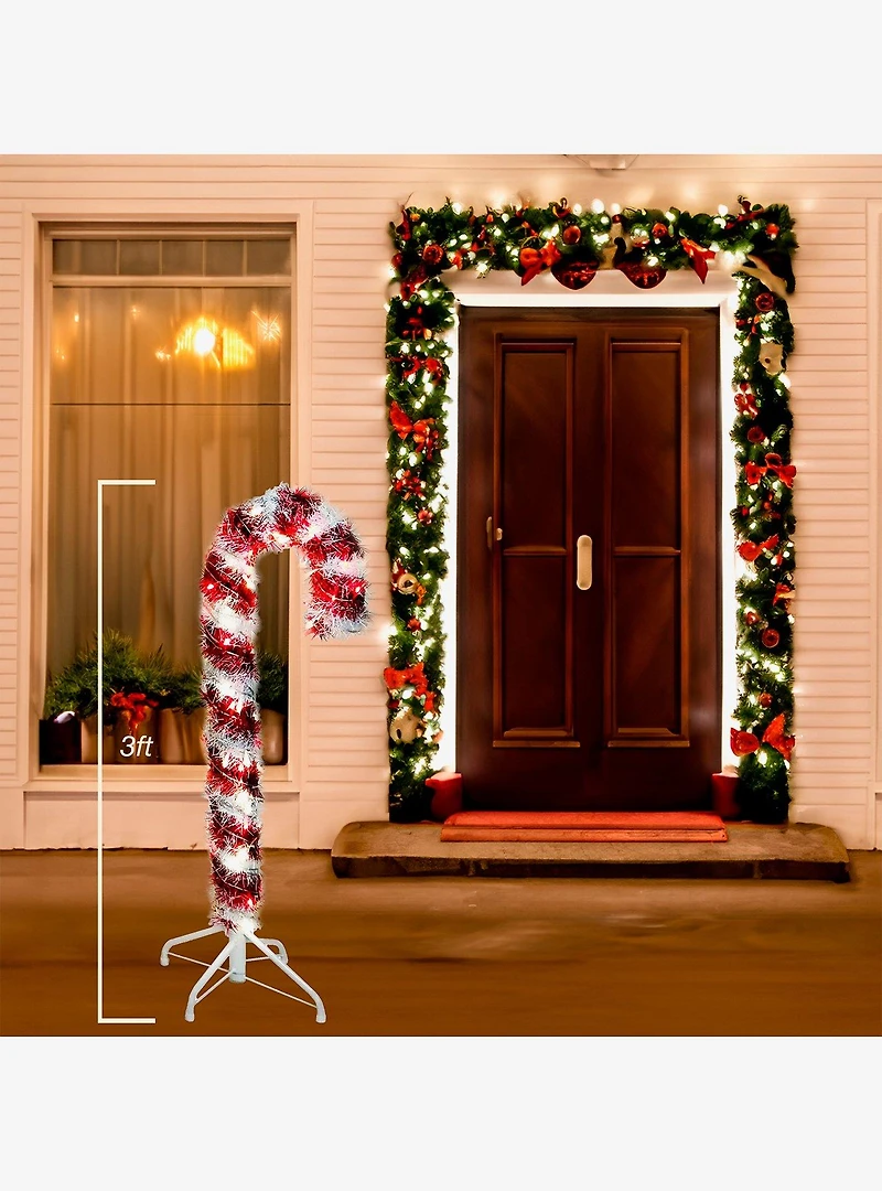 Pre-Lit 3-Foot Red and White LED Tinsel Candy Cane