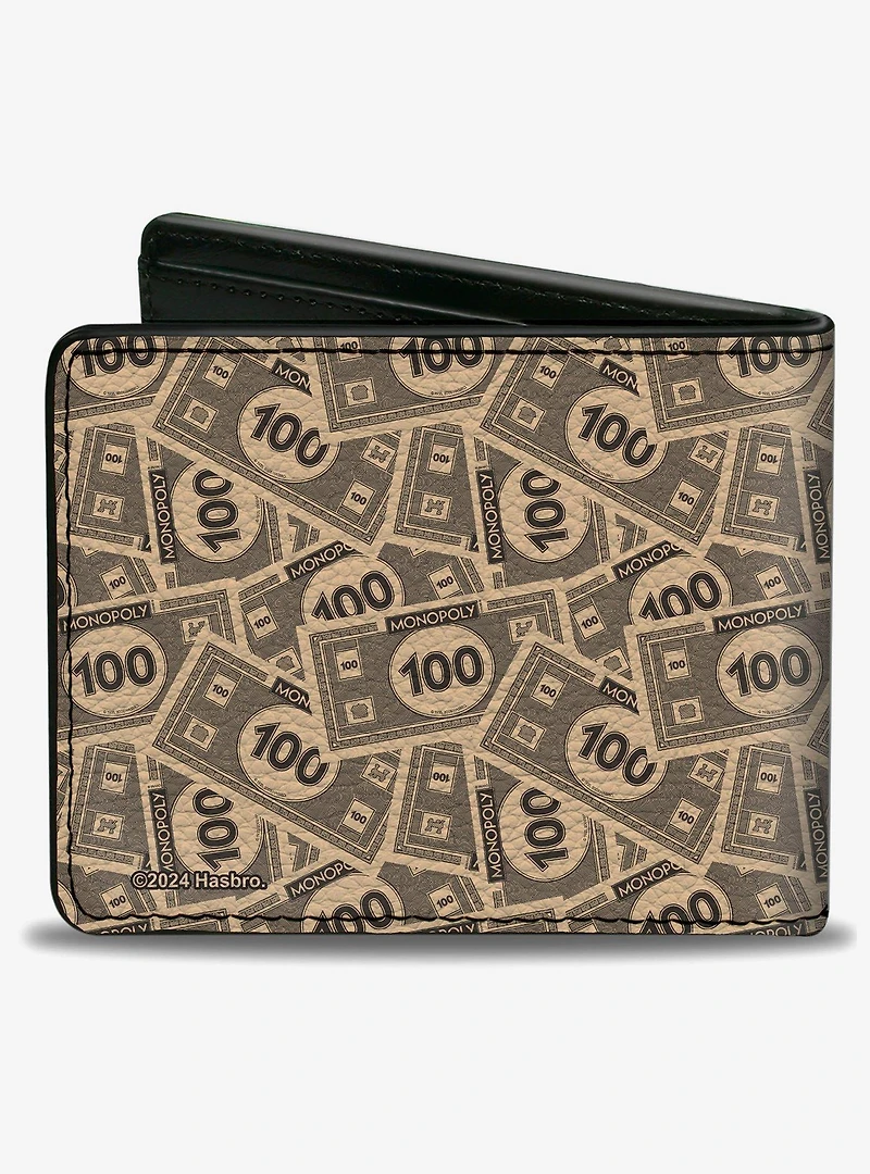 Mr Monopoly Rich Uncle Pennybags Pose 100 Money Bills Stacked Bifold Wallet