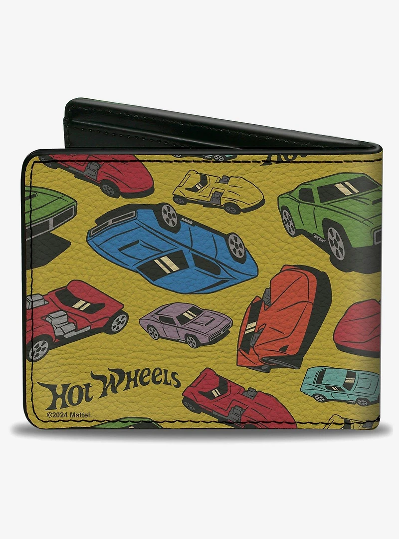 Hot Wheels Cars Scattered Yellow Multi Color Bifold Wallet