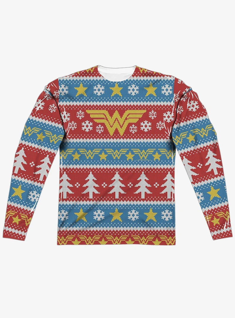 DC Comics Wonder Woman Christmas Sweater Print Long Sleeve Sublimated T-Shirt