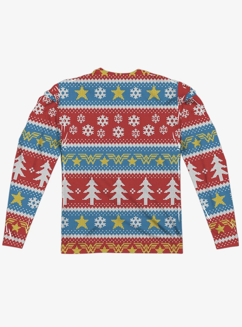 DC Comics Wonder Woman Christmas Sweater Print Long Sleeve Sublimated T-Shirt