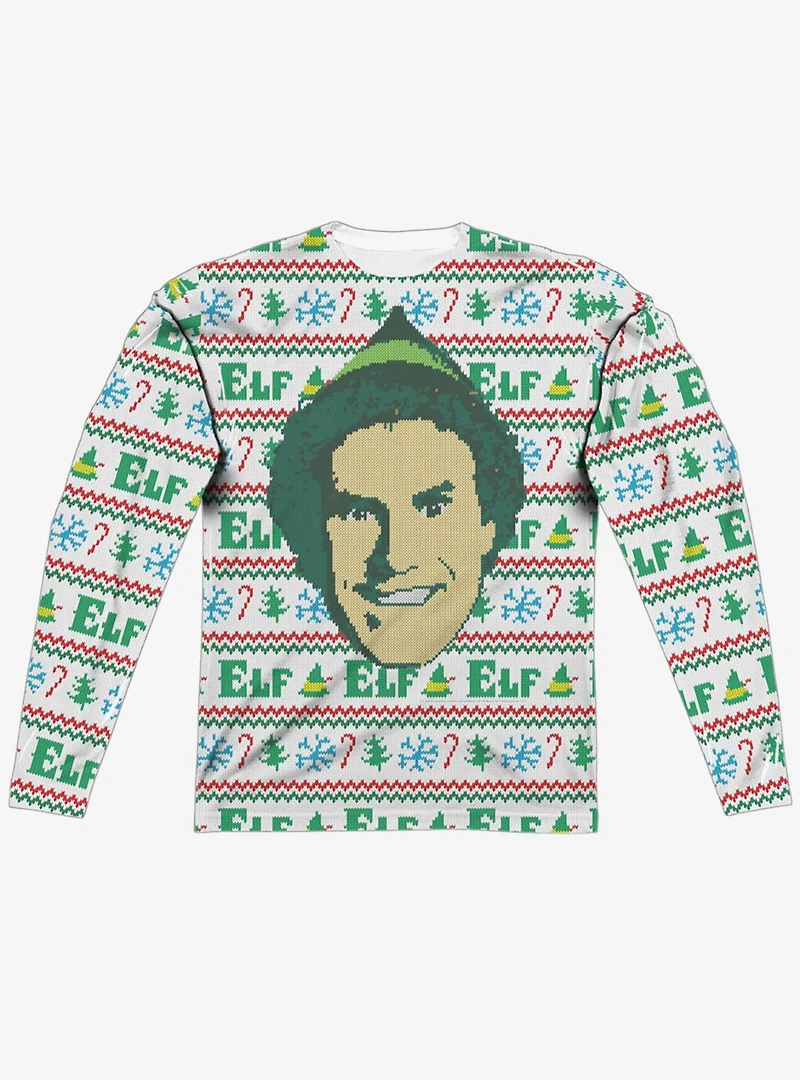 Elf Christmas Sweater Print Long Sleeve Sublimated T-Shirt