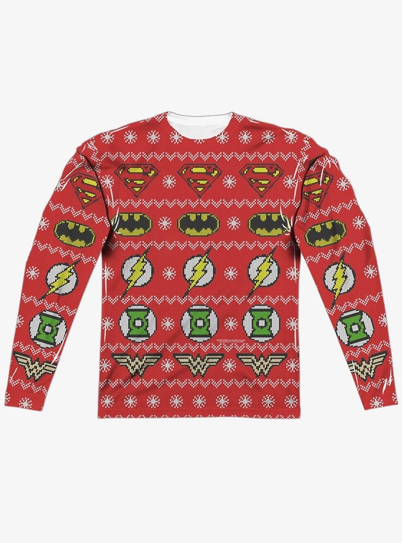 Justice League All Over Christmas Sweater Print Long Sleeve Sublimated T-Shirt